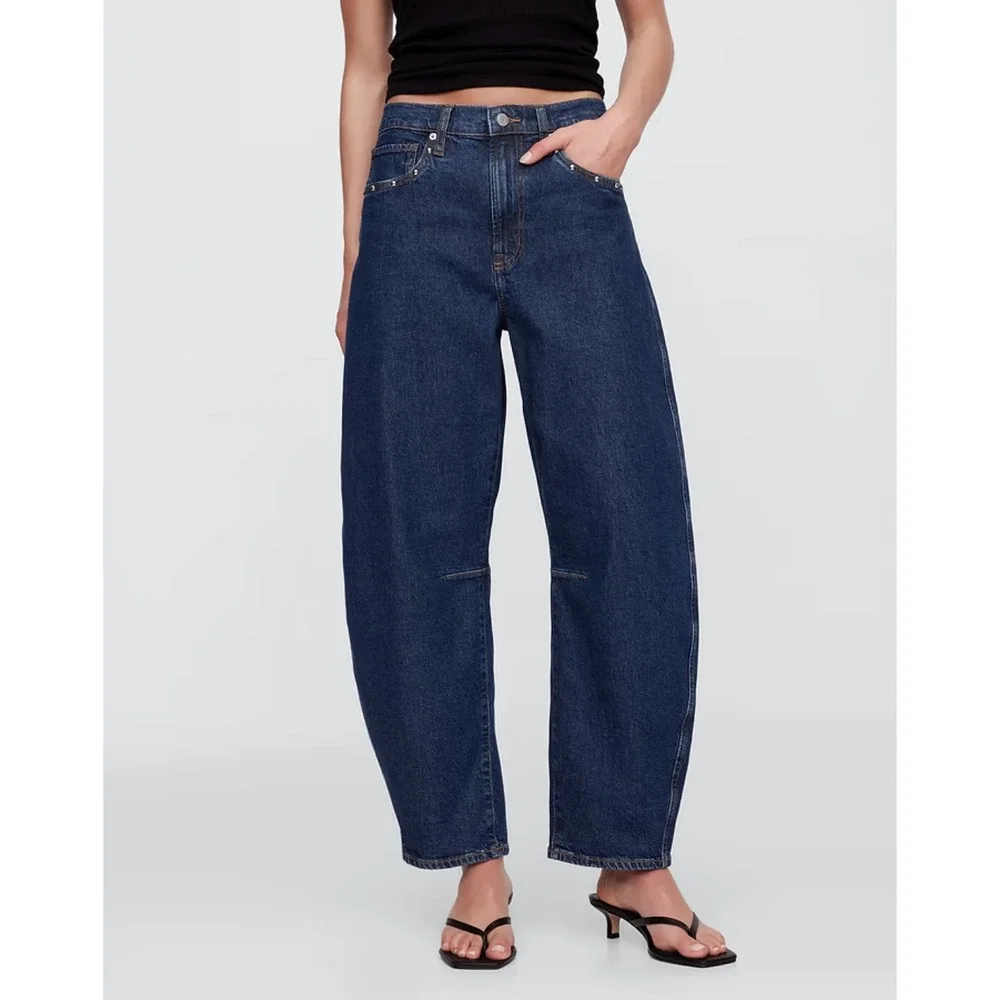 Gap Denim High Rise Studded Barrel Jeans Dark Wash Low Stretch Denim 10 Short - Picture 1 of 11